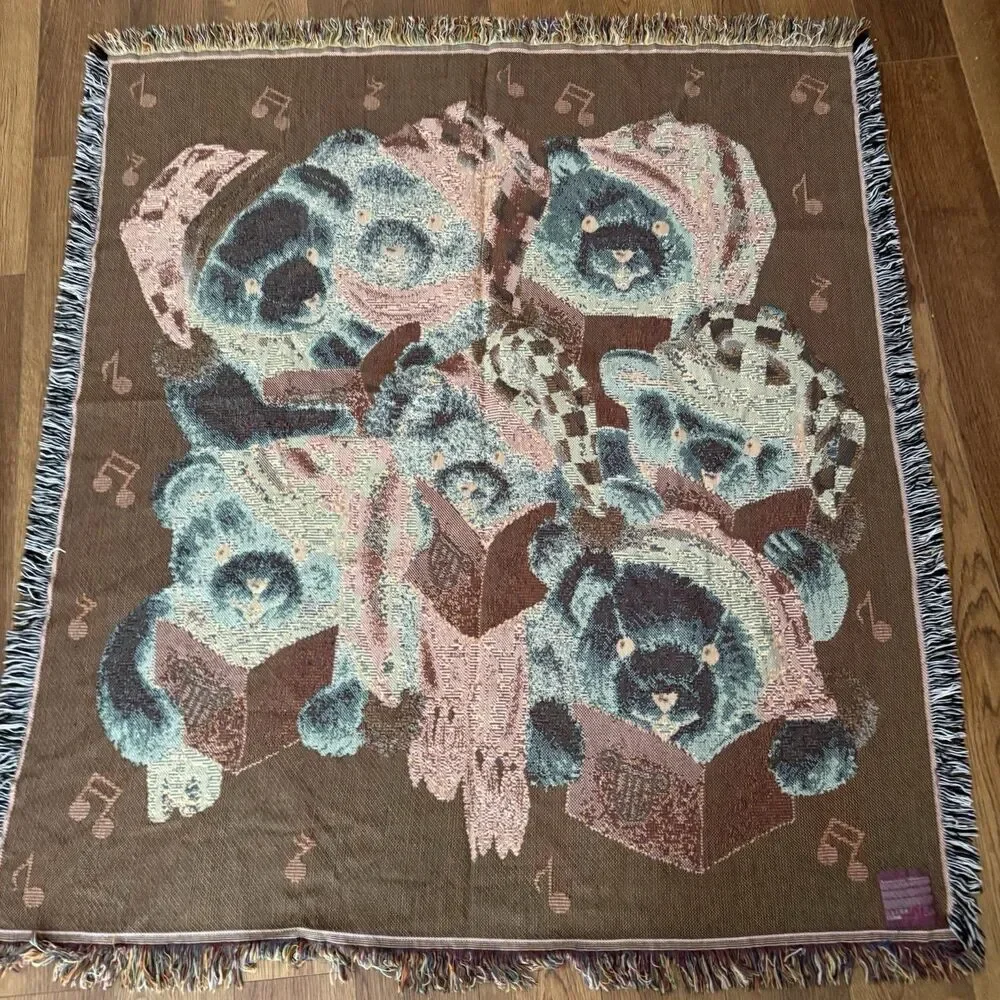 American Weavers Tapestry Blanket Teddy Bear Christmas Carolers Made in USA 1997